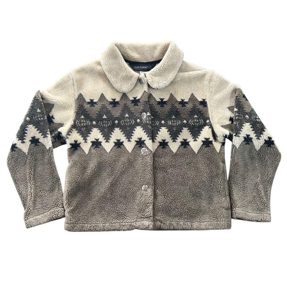 Vintage Black Diamond Womens Western Sherpa‎ Fleece Jacket Beige Brown Small USA